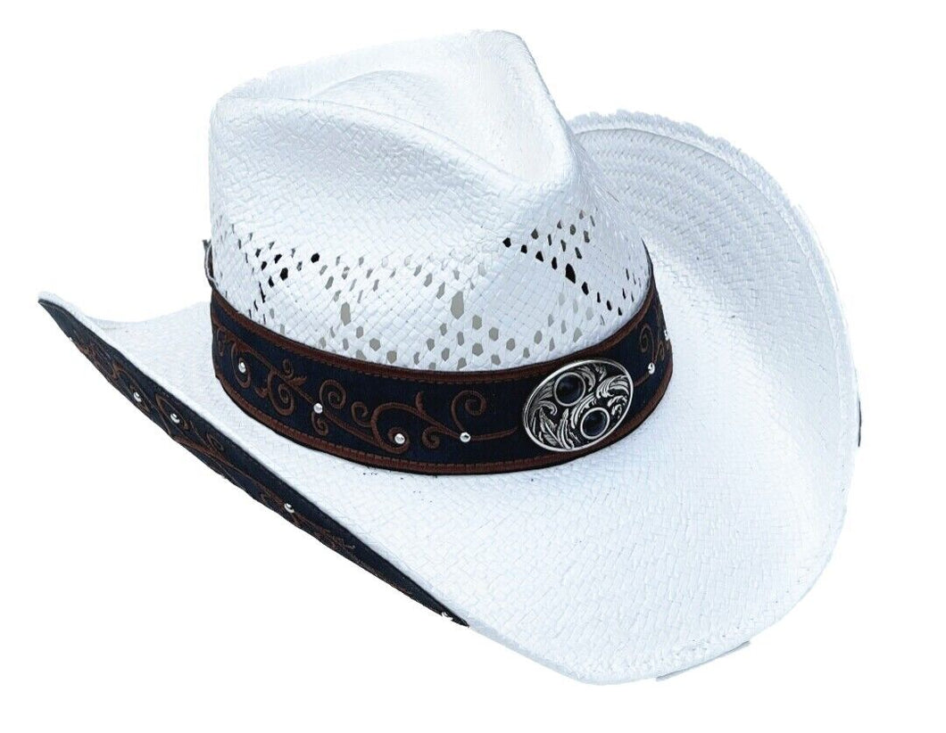 Weißer Cowboyhut Westernhut Strohhut mit Hutband und bestickter Seitenkrempe