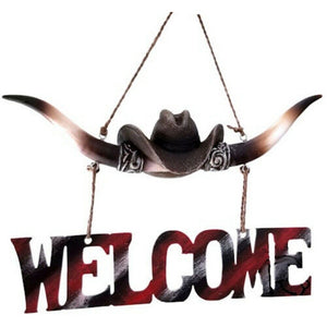 Türschild Hängeschild Welcome Dekoration Longhorn Cowboyhut 3D Saloon