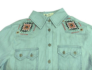 Westernbluse im Jeanslook Langarm Baumwolle mit Azteken Muster Bestickt