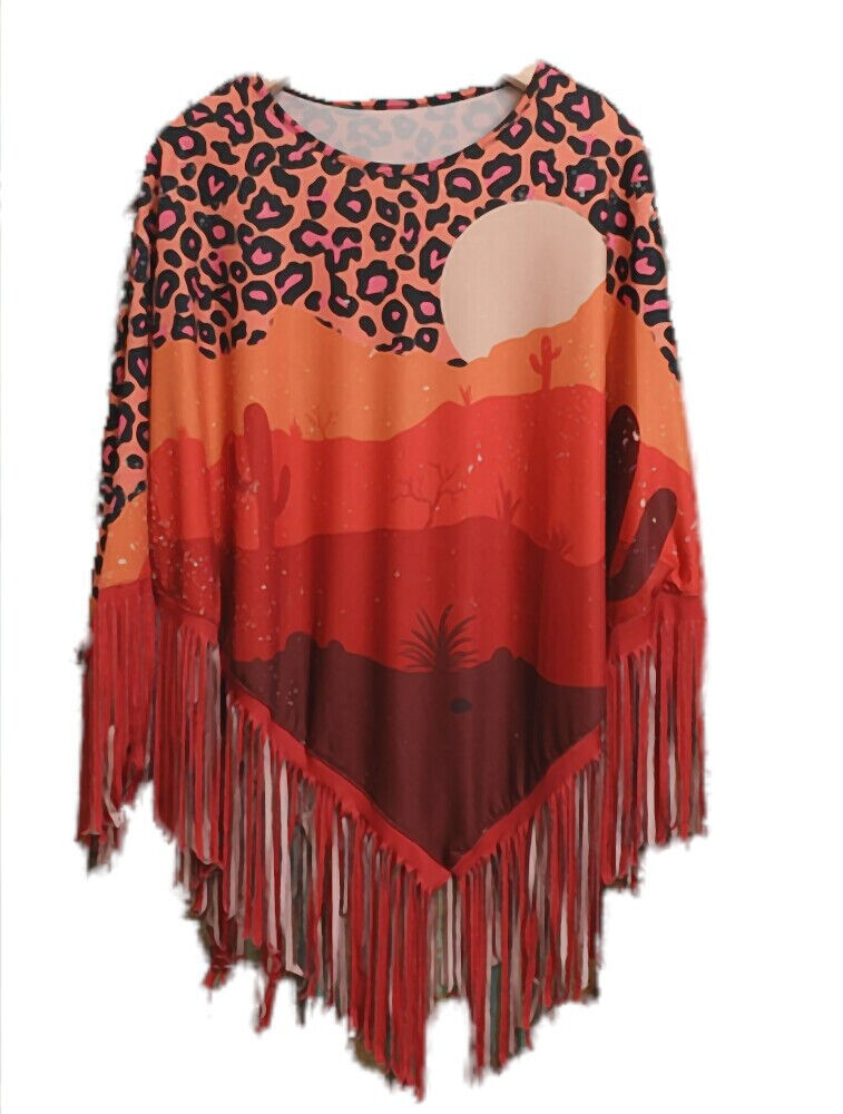 Damen Poncho mit Fransen Orange Desert Sunset