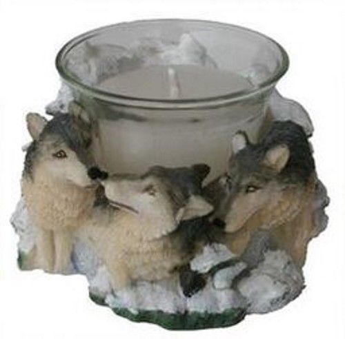 Teelicht Teelichthalter mit Wolf Wölfe Wolfsrudel handbemalt aus Polyresin
