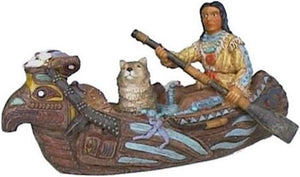 Deko Western Kanu mit Indianer und Wolf handbemalt aus Polyresin