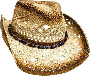 Strohhut Cowboyhut beige braun geflammt mit Hutband