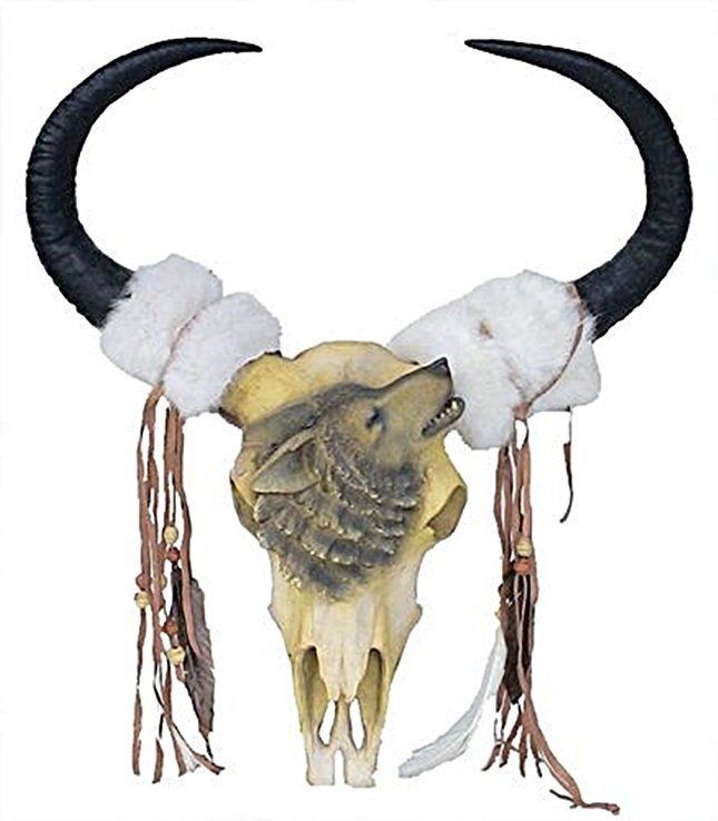 Großer Deko Skull Big Longhorn mit Wolf, 58 cm Western Cowboy