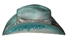 Lade das Bild in den Galerie-Viewer, Grüner Cowboyhut Westernhut Strohhut mit Hutband Concho verzierte Krempe
